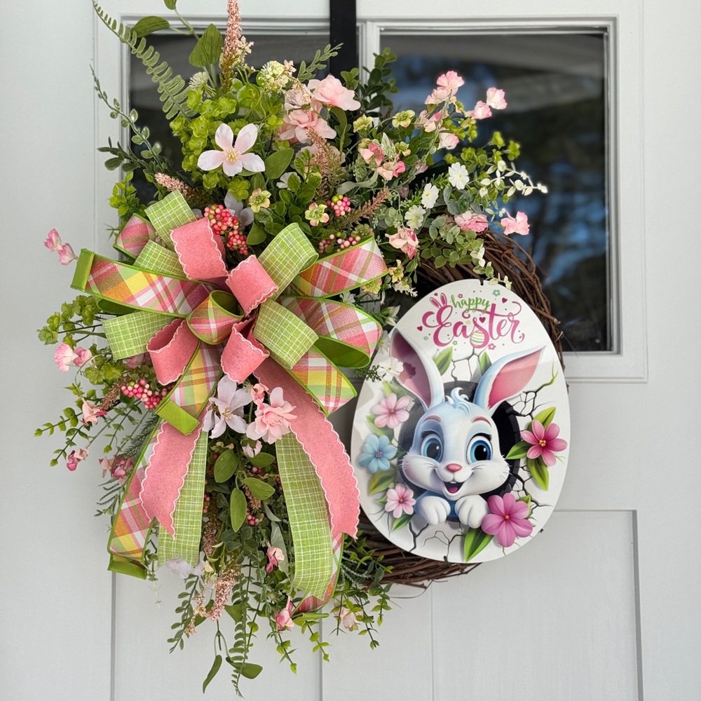 Easter Bunny Floral Wreath with Pink and Green Accents